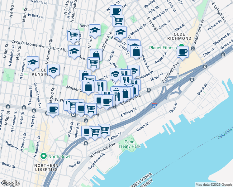 map of restaurants, bars, coffee shops, grocery stores, and more near 423 Moyer Street in Philadelphia