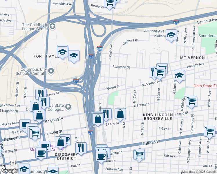 map of restaurants, bars, coffee shops, grocery stores, and more near 346 Saint Clair Avenue in Columbus
