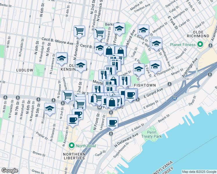 map of restaurants, bars, coffee shops, grocery stores, and more near 1405 North Front Street in Philadelphia