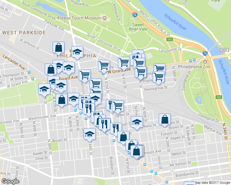 map of restaurants, bars, coffee shops, grocery stores, and more near 4145 Mantua Avenue in Philadelphia