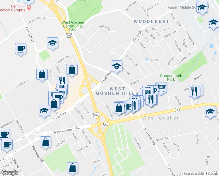 map of restaurants, bars, coffee shops, grocery stores, and more near 1016 Rue Lane in West Chester