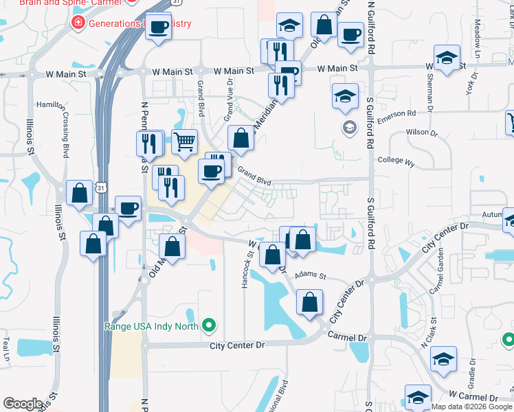 map of restaurants, bars, coffee shops, grocery stores, and more near 300 Providence Boulevard in Carmel