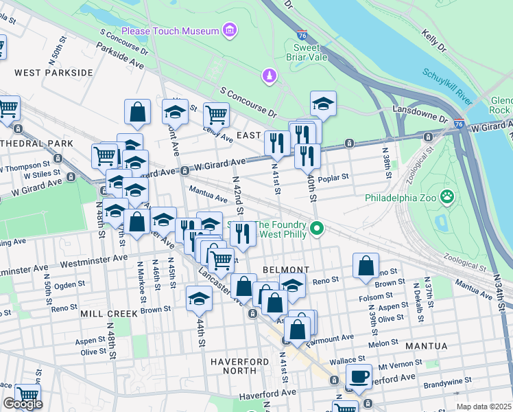 map of restaurants, bars, coffee shops, grocery stores, and more near 4145 Mantua Avenue in Philadelphia