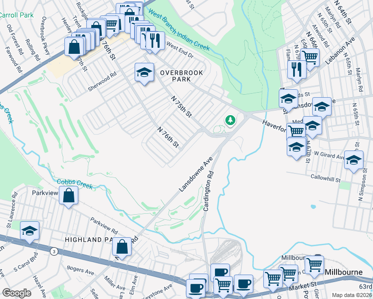 map of restaurants, bars, coffee shops, grocery stores, and more near 1306 Kimberly Drive in Philadelphia