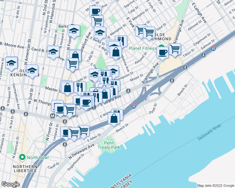 map of restaurants, bars, coffee shops, grocery stores, and more near in Philadelphia