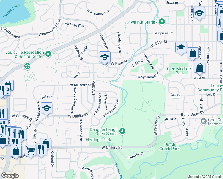 map of restaurants, bars, coffee shops, grocery stores, and more near 531 West Hackberry Street in Louisville
