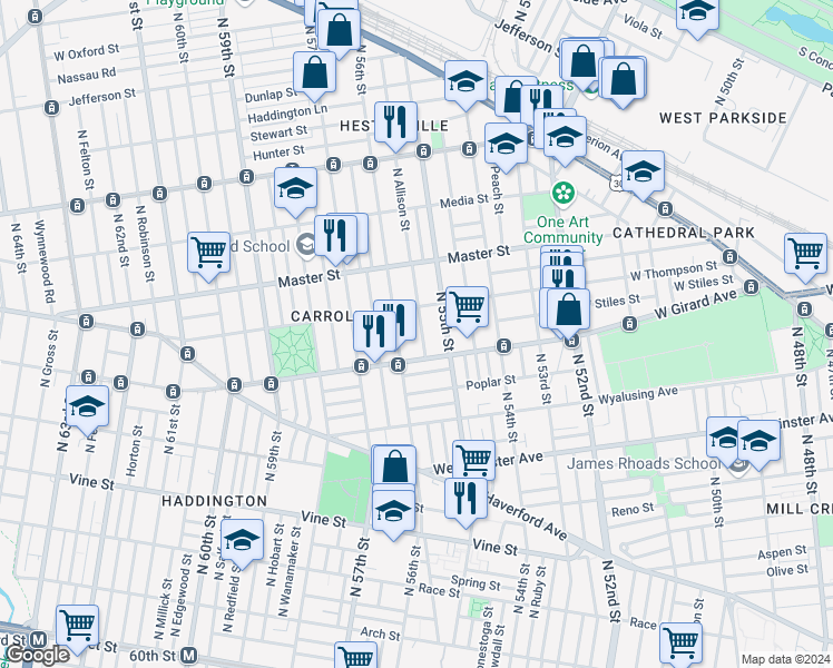 map of restaurants, bars, coffee shops, grocery stores, and more near 1232 North Allison Street in Philadelphia
