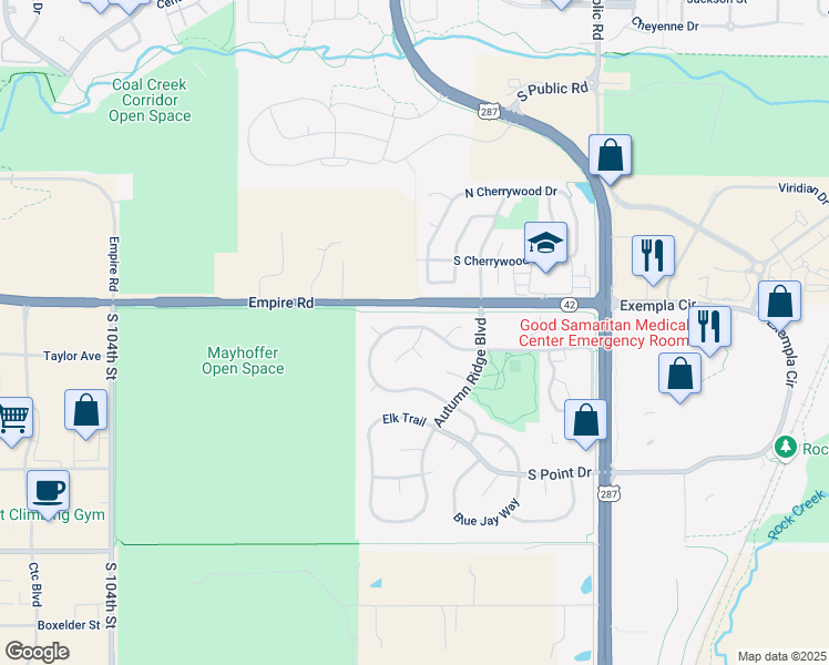 map of restaurants, bars, coffee shops, grocery stores, and more near 353 Whitetail Circle in Lafayette