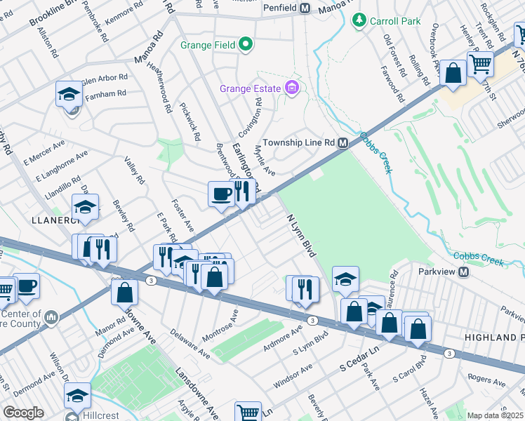 map of restaurants, bars, coffee shops, grocery stores, and more near 256 Barclay Road in Delaware County