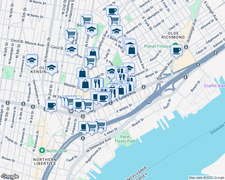 map of restaurants, bars, coffee shops, grocery stores, and more near 423 Moyer Street in Philadelphia