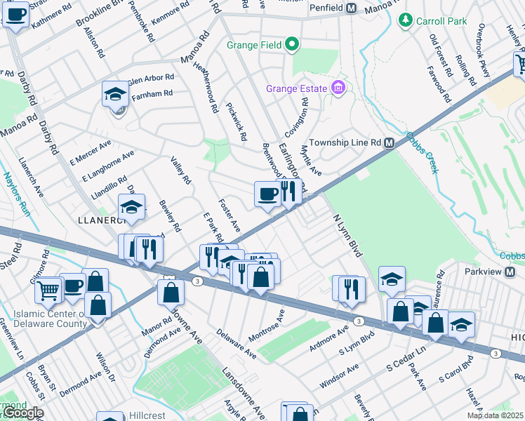 map of restaurants, bars, coffee shops, grocery stores, and more near 27 Meadowbrook Road in Havertown