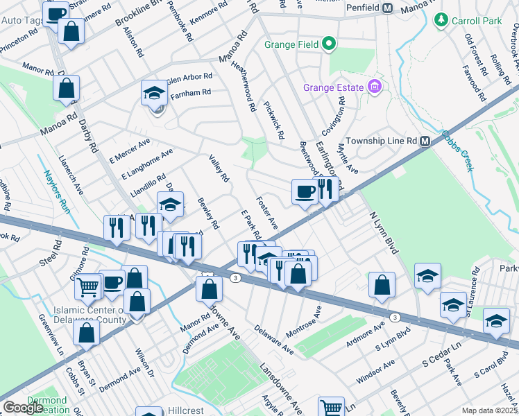 map of restaurants, bars, coffee shops, grocery stores, and more near 130 Foster Avenue in Havertown
