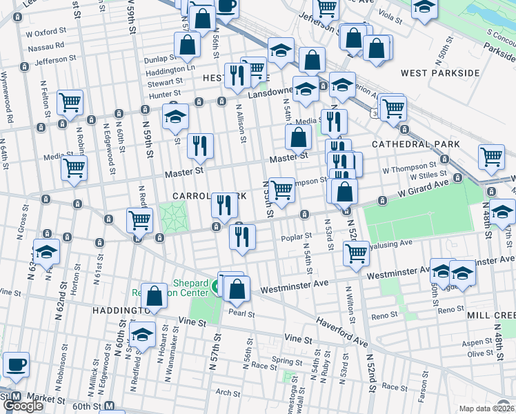 map of restaurants, bars, coffee shops, grocery stores, and more near 1250 North 55th Street in Philadelphia