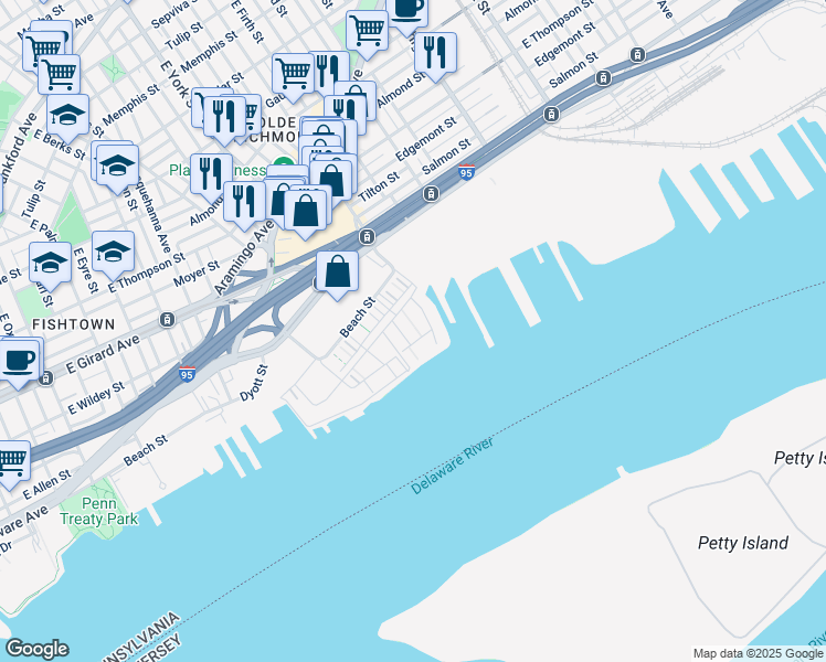map of restaurants, bars, coffee shops, grocery stores, and more near 3120 Sunrise Walk in Philadelphia