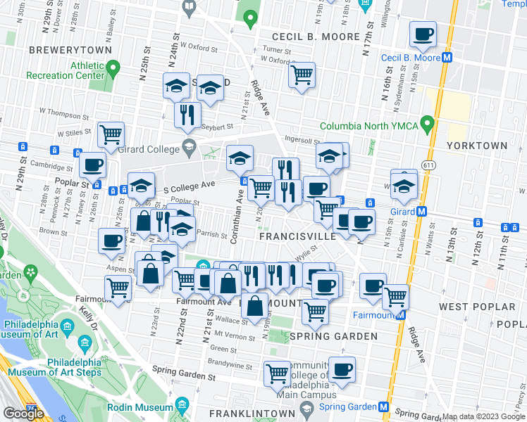 map of restaurants, bars, coffee shops, grocery stores, and more near 1941 Poplar Street in Philadelphia