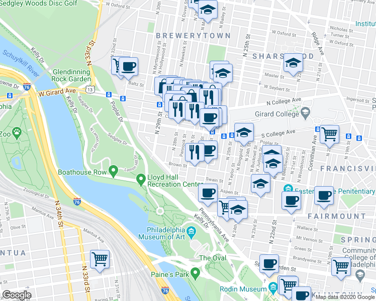 map of restaurants, bars, coffee shops, grocery stores, and more near 842 North 27th Street in Philadelphia