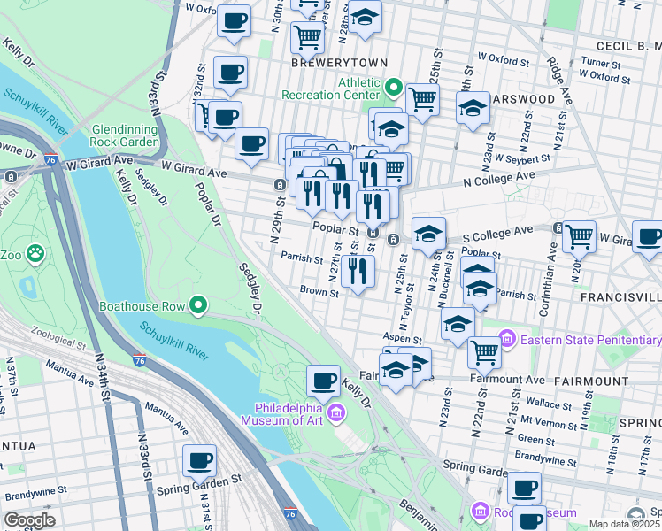 map of restaurants, bars, coffee shops, grocery stores, and more near 842 North 27th Street in Philadelphia