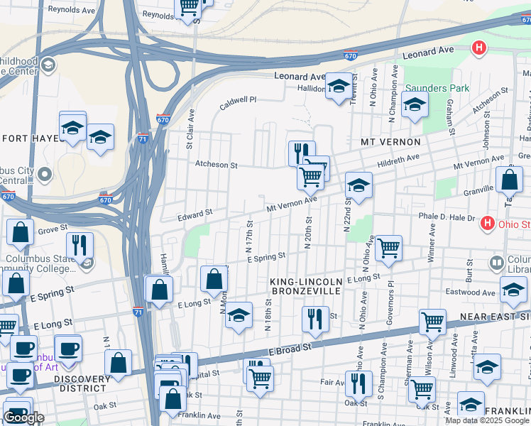 map of restaurants, bars, coffee shops, grocery stores, and more near 992 Mount Vernon Avenue in Columbus