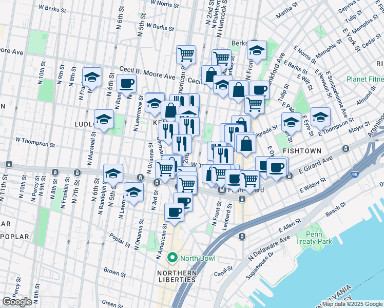 map of restaurants, bars, coffee shops, grocery stores, and more near 1326 North Palethorp Street in Philadelphia