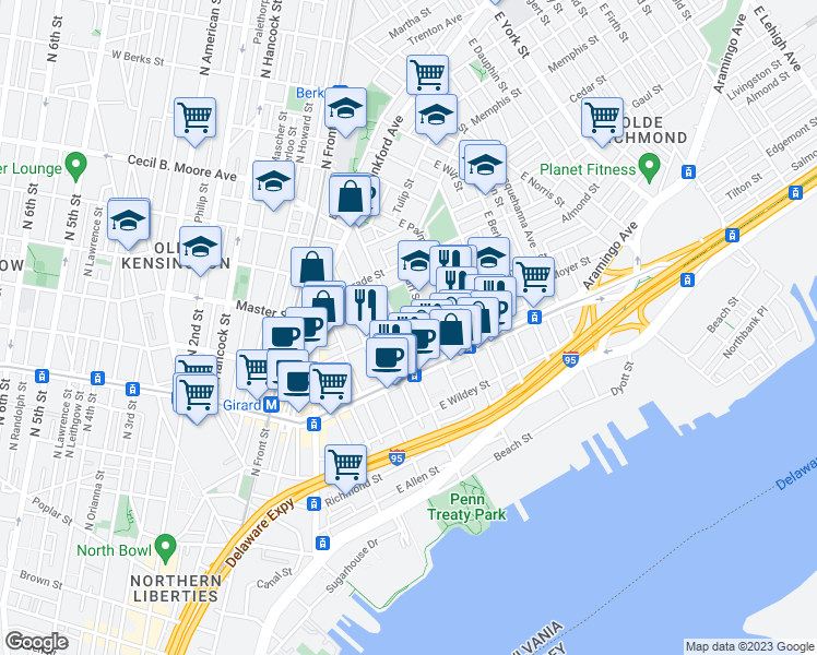 map of restaurants, bars, coffee shops, grocery stores, and more near 1247 East Columbia Avenue in Philadelphia