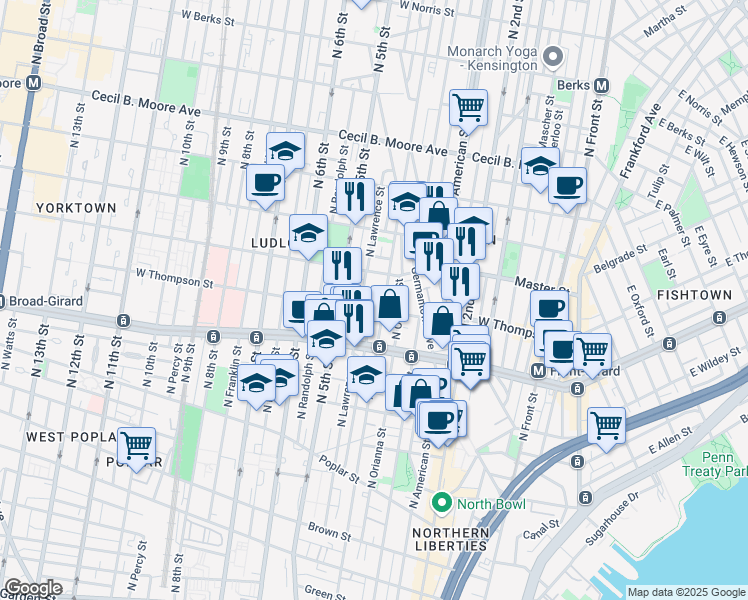map of restaurants, bars, coffee shops, grocery stores, and more near 1309 North Lawrence Street in Philadelphia
