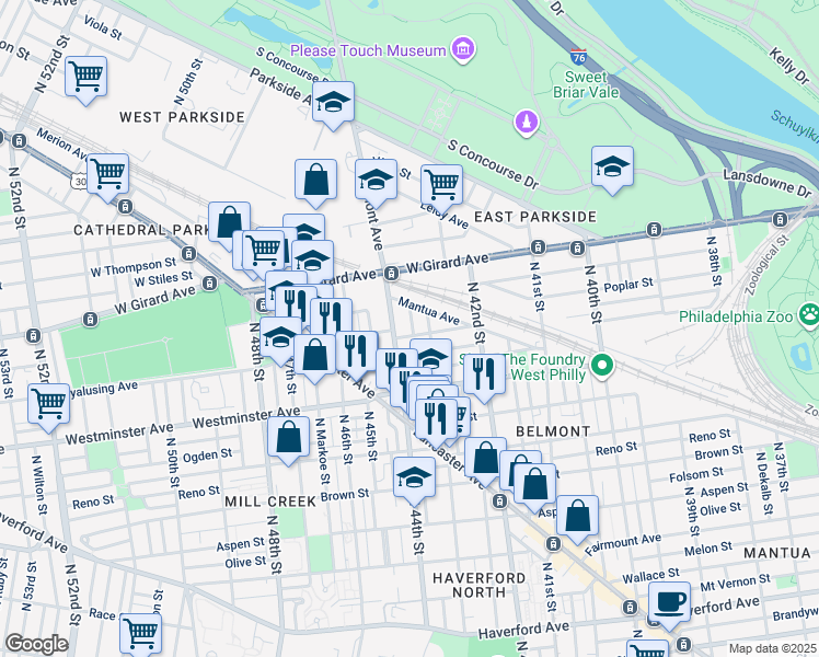 map of restaurants, bars, coffee shops, grocery stores, and more near 1024 North Pallas Street in Philadelphia