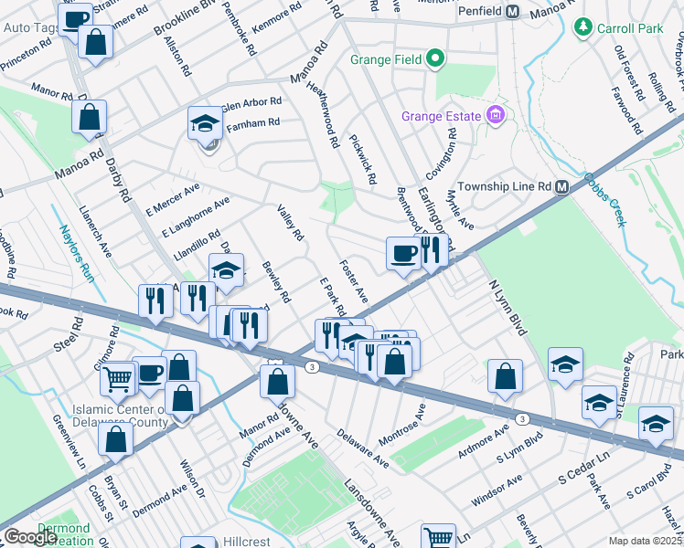 map of restaurants, bars, coffee shops, grocery stores, and more near 130 Foster Avenue in Havertown