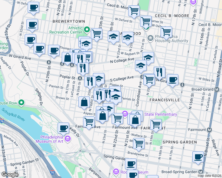 map of restaurants, bars, coffee shops, grocery stores, and more near 2216 Poplar Street in Philadelphia