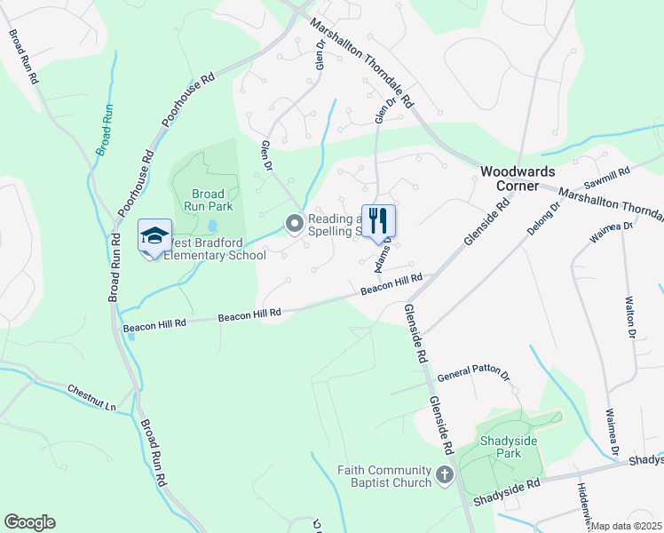 map of restaurants, bars, coffee shops, grocery stores, and more near 1404 Witherspoon Drive in Chester County