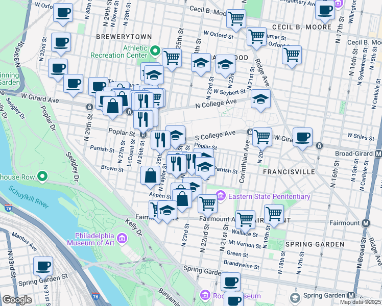 map of restaurants, bars, coffee shops, grocery stores, and more near 2328 Poplar Street in Philadelphia