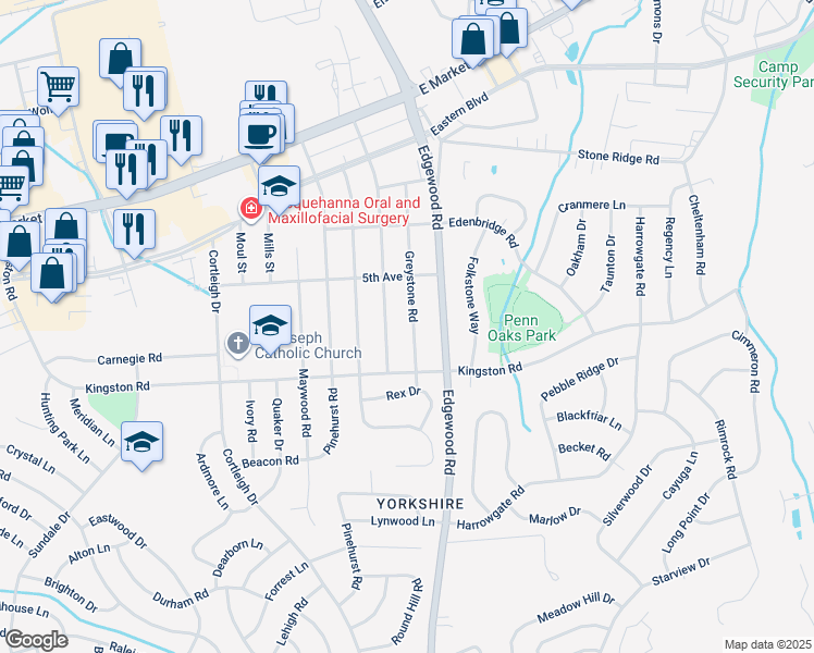 map of restaurants, bars, coffee shops, grocery stores, and more near 320 Greystone Road in East York