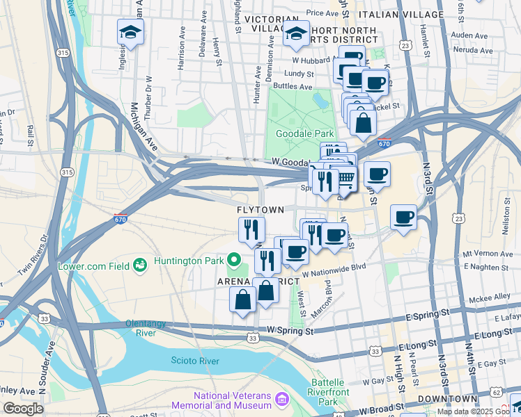 map of restaurants, bars, coffee shops, grocery stores, and more near Vine Street in Columbus