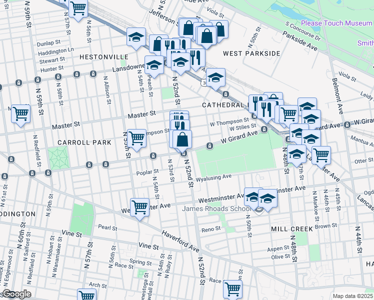 map of restaurants, bars, coffee shops, grocery stores, and more near 1201 North 52nd Street in Philadelphia