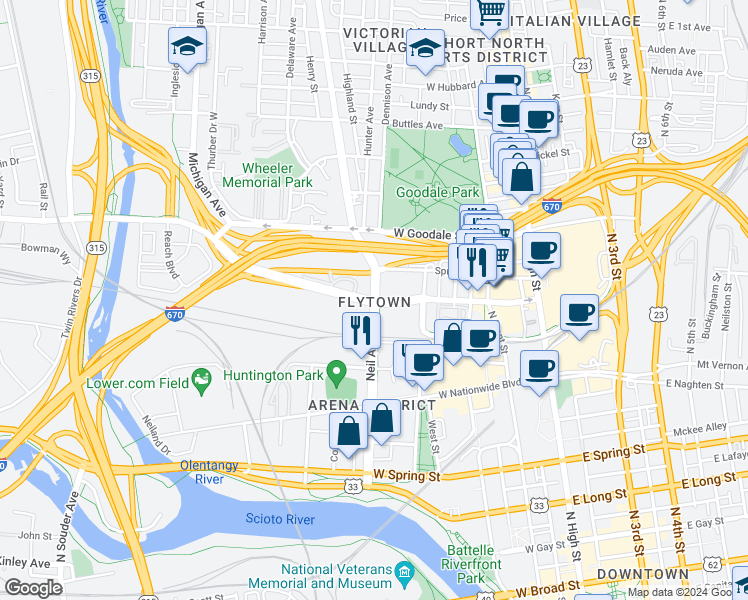 map of restaurants, bars, coffee shops, grocery stores, and more near Vine Street in Columbus