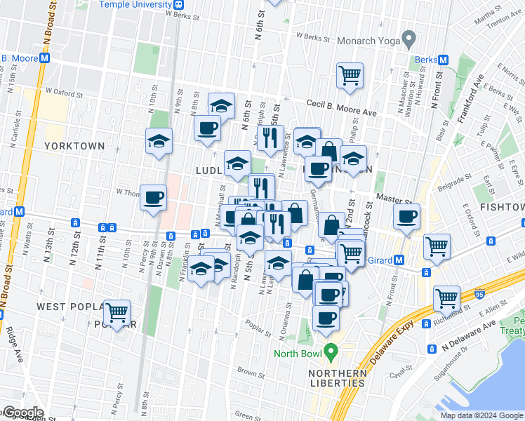 map of restaurants, bars, coffee shops, grocery stores, and more near 1303 North 5th Street in Philadelphia