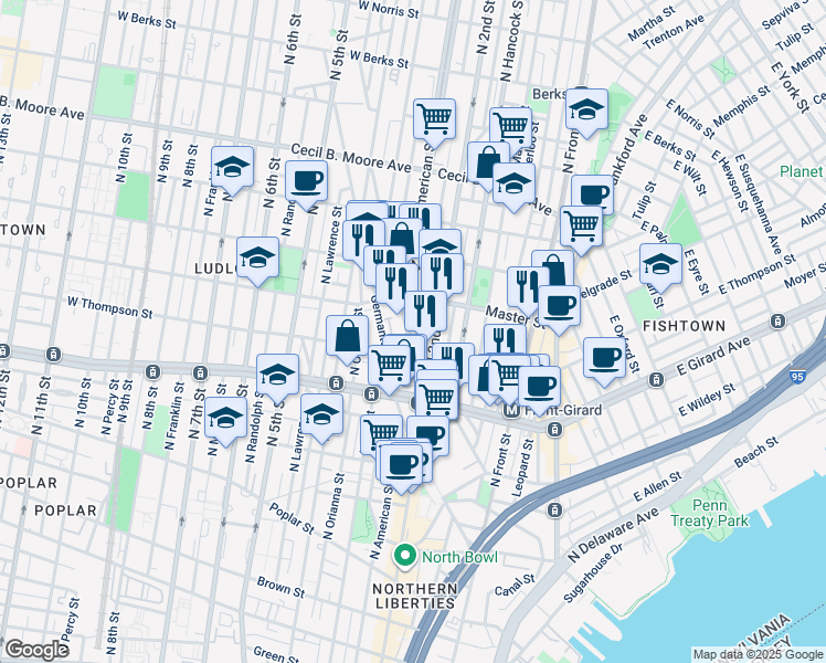 map of restaurants, bars, coffee shops, grocery stores, and more near 1350 North 2nd Street in Philadelphia