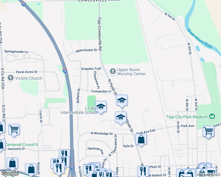 map of restaurants, bars, coffee shops, grocery stores, and more near 615 Comanche Lane in Tipp City