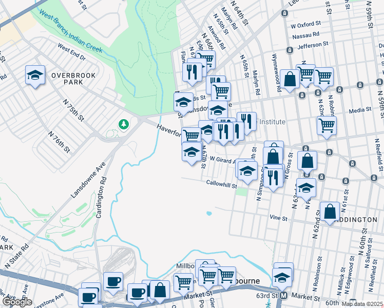 map of restaurants, bars, coffee shops, grocery stores, and more near 6710 Haverford Avenue in Philadelphia