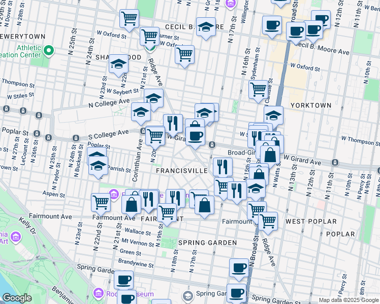 map of restaurants, bars, coffee shops, grocery stores, and more near 1800 Ridge Avenue in Philadelphia