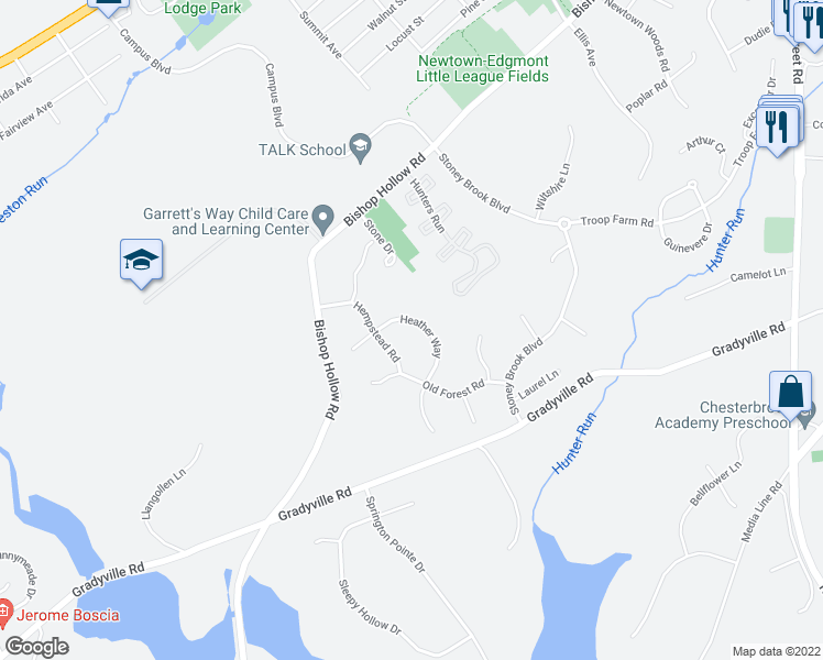 map of restaurants, bars, coffee shops, grocery stores, and more near 21 Heather Way in Newtown Square