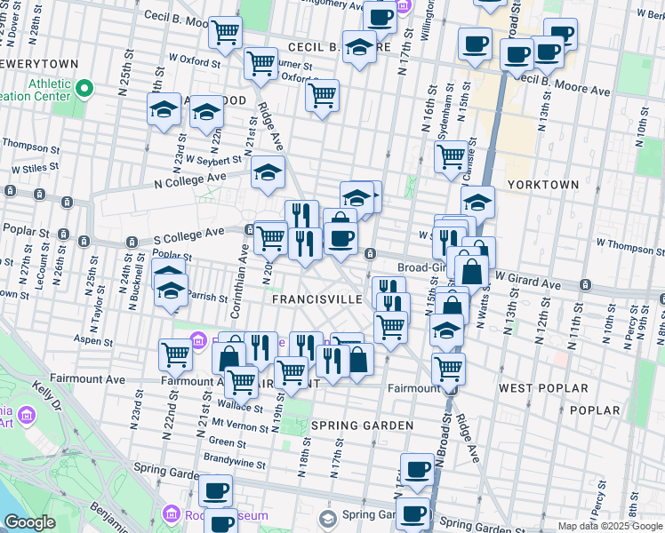 map of restaurants, bars, coffee shops, grocery stores, and more near 1800 Ridge Avenue in Philadelphia