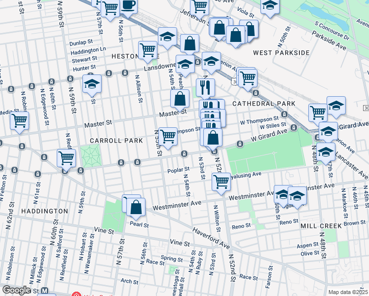 map of restaurants, bars, coffee shops, grocery stores, and more near 1217 North 54th Street in Philadelphia