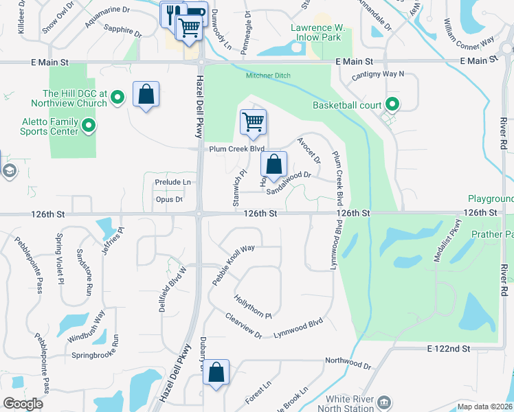 map of restaurants, bars, coffee shops, grocery stores, and more near 5868 East 126th Street in Carmel