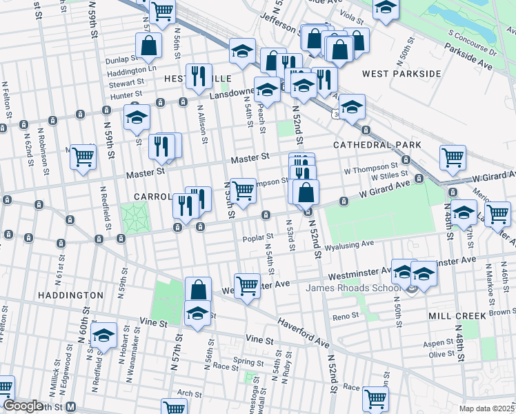map of restaurants, bars, coffee shops, grocery stores, and more near 1216 North 54th Street in Philadelphia