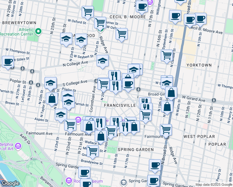 map of restaurants, bars, coffee shops, grocery stores, and more near in Philadelphia