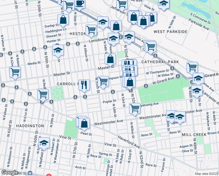 map of restaurants, bars, coffee shops, grocery stores, and more near 1216 North 54th Street in Philadelphia