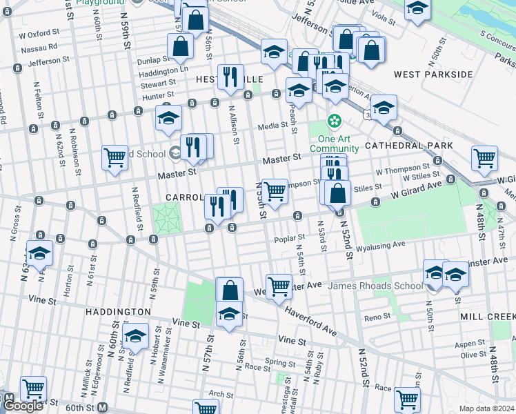 map of restaurants, bars, coffee shops, grocery stores, and more near 1230 North 55th Street in Philadelphia
