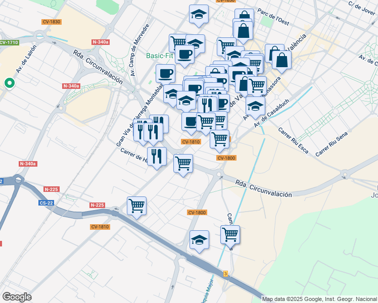 map of restaurants, bars, coffee shops, grocery stores, and more near 14 Camí Pi Gros in Castelló de la Plana