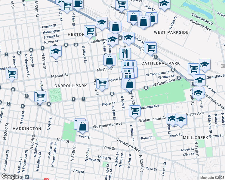 map of restaurants, bars, coffee shops, grocery stores, and more near 1217 North 54th Street in Philadelphia