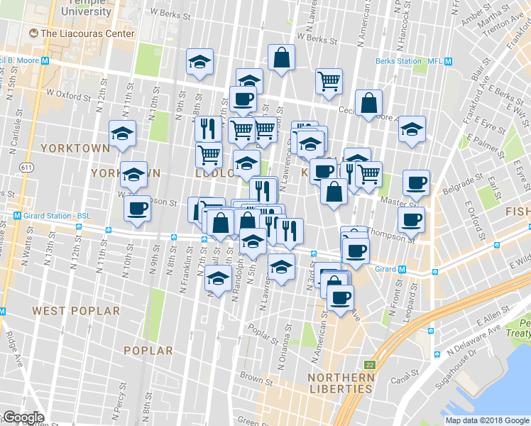 map of restaurants, bars, coffee shops, grocery stores, and more near 1305 North 5th Street in Philadelphia